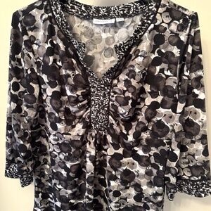 QVC Susan Graver MEDIUM Printed Liquid Knit Tunic Top Ruched Neck Contrast Cuff